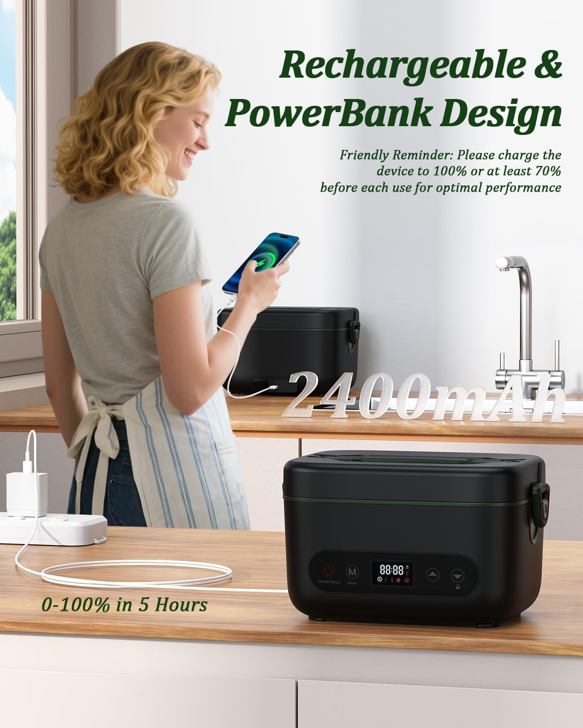 Cordless Electric Lunch Box, Battery Powered Heated Lunch Box, 1.2 Liter Food Insulated Lunchbox with Fork and Spoon Insulated Carrying Pouch for Office, Truck, Outdoors (Black+Green) - Image 6