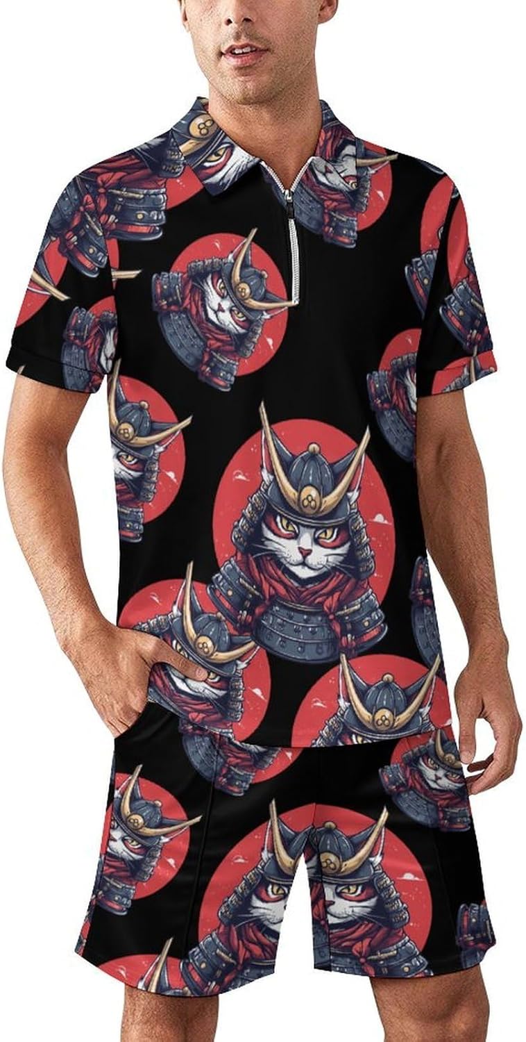 Japanese Samurai Cat Tattoo Mens Polo Shirts Track Suits 2 Piece Short Sleeve Sweatsuit 1/4 Zip Golf Loungewear for Sports