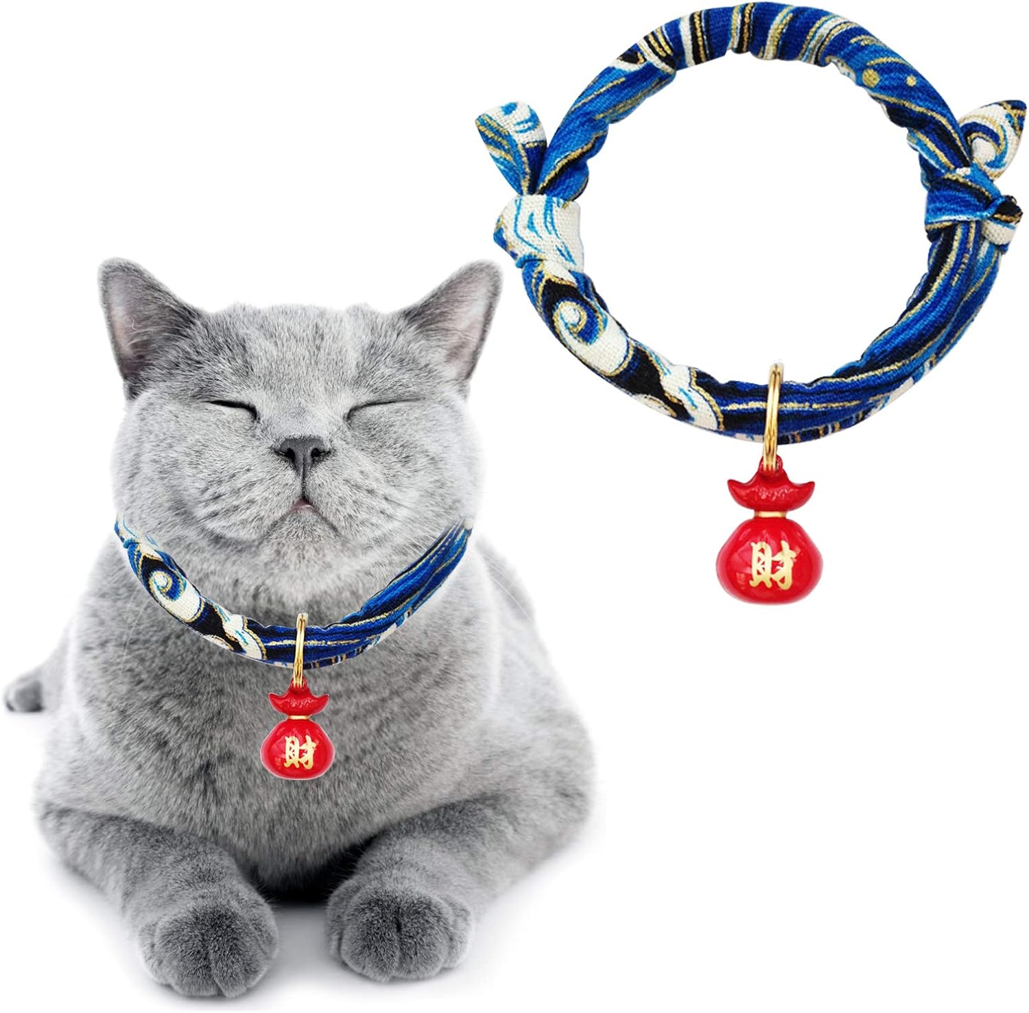 Cat Collar with Bell, 1 Pack Blue Japanese Style Waves Print Pet Collar Adjustable Cat Collar with Fortune Bell for Small Cats Puppy Pets, M