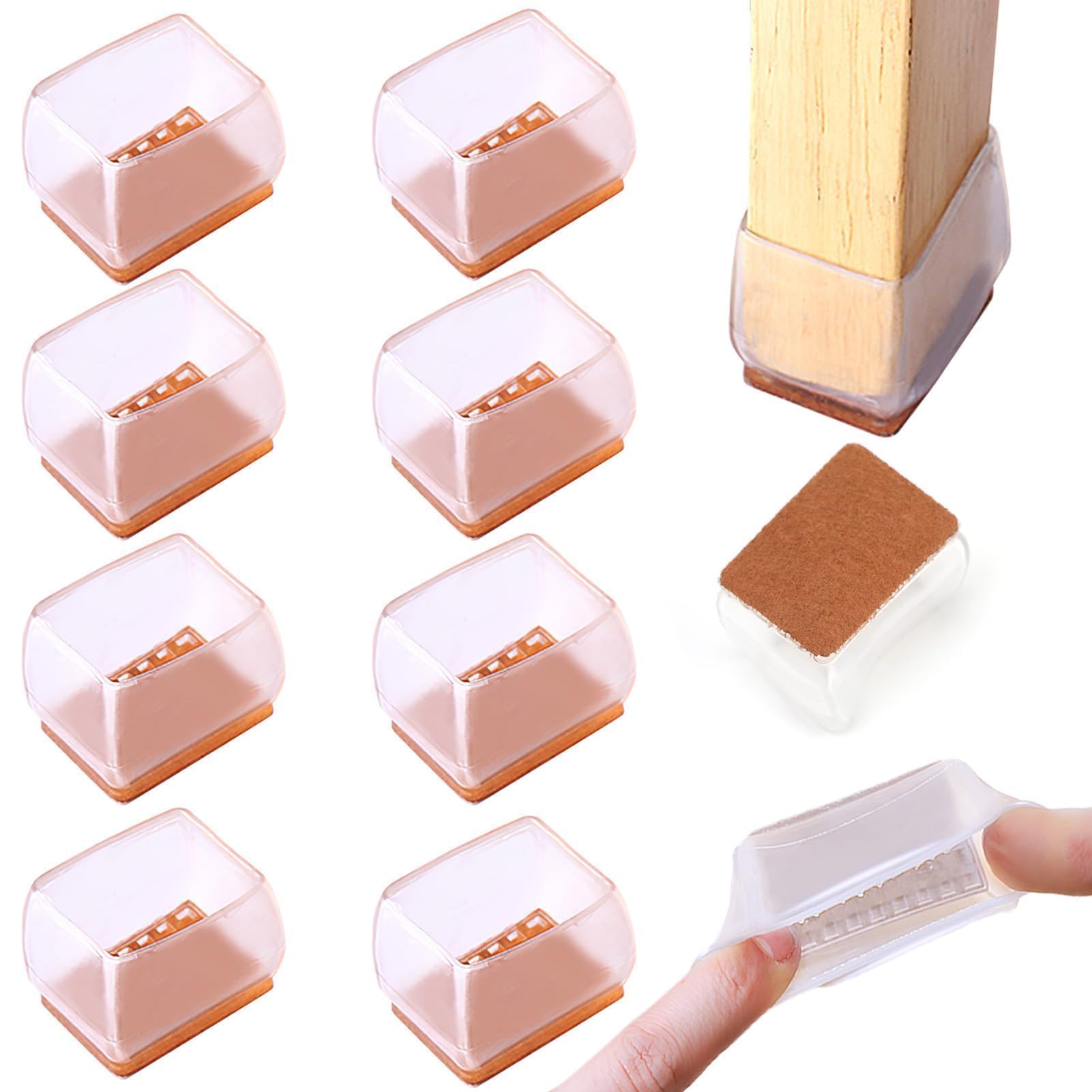 Caybats Protector Patas Sillas Cuadradas | Juego de 8 Piezas de Silicona Transparente | Almohadillas de Fieltro Incorporadas | Protección de Suelos y Muebles