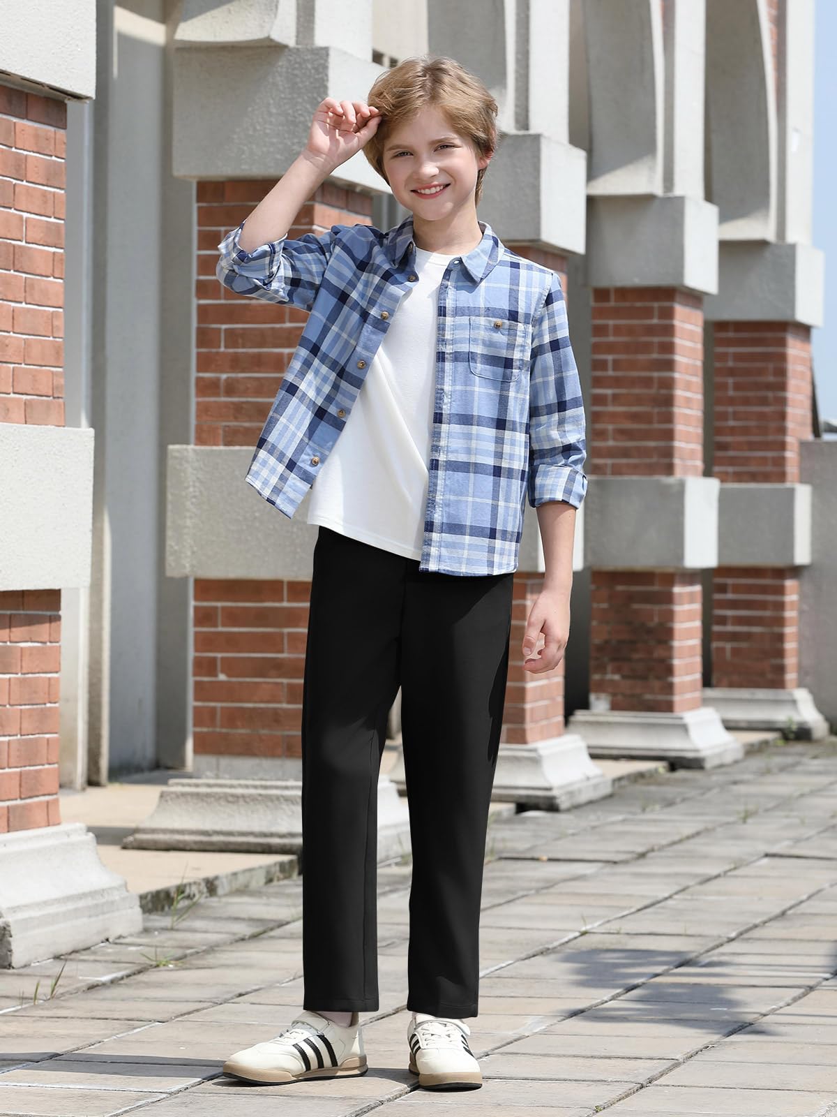 Haloumoning Pantalones de vestir para niños con cintura elástica y pierna recta, pantalones casuales con bolsillos