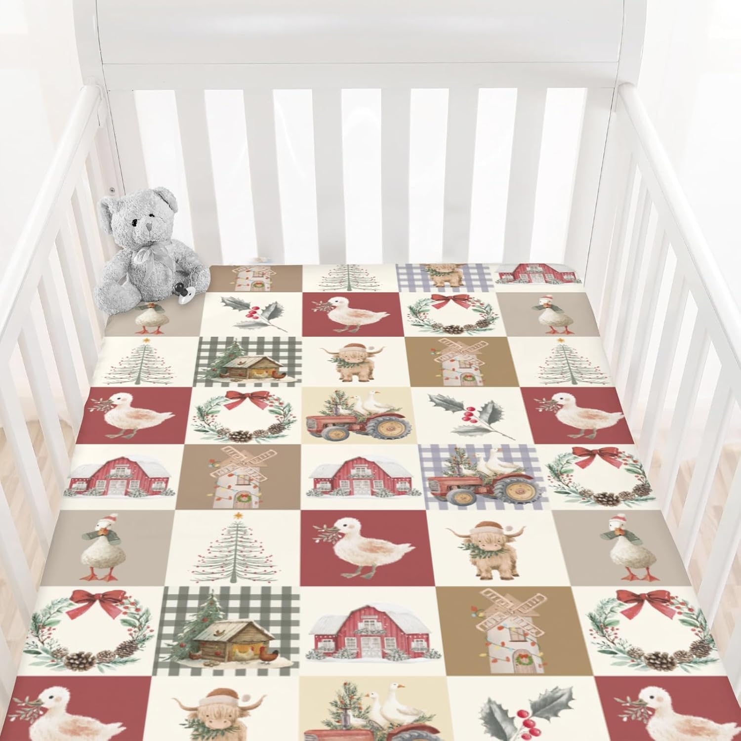 Christmas Farm Animals Patchwork Baby Crib Sheets Highland Cow Duck Tractor Barn Fir Leaves Baby Sheet Winter Festive Holiday Farm Life Fitted Crib Mattress Cover for Standard Toddler Mattress 52"x28"
