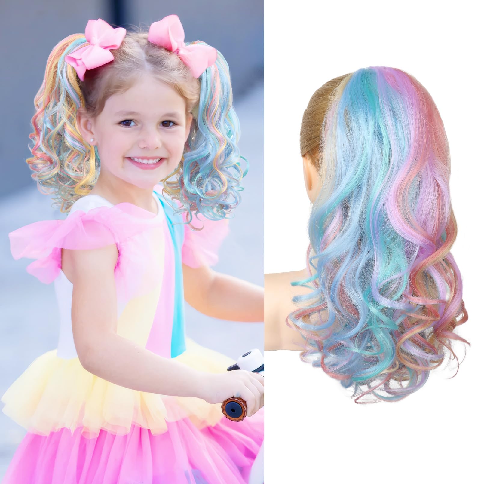 SEIKEA Ponytail Extension, 16" Lightweight Wavy Curly Clip in Hair Extensions, Colored for Kids, Crazy Hair Day Accessories for Girls Synthetic