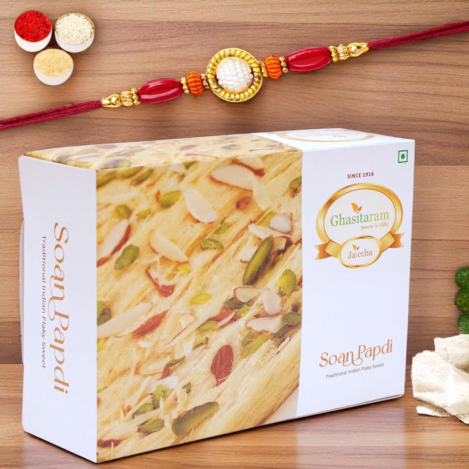 Ghasitaram Gifts for Brothers Sweets Box - Soan Papdi (200 GMS) with Rakhi