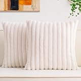 Aegero Pack of 2 Faux Fur Christmas Throw Pillow Covers 18x18 Inch, Soft Plush Striped Neutral Couch Pillow Cover, with Velvet Back Modern Home Decor for Sofa Living Room Couch Bed Cream White