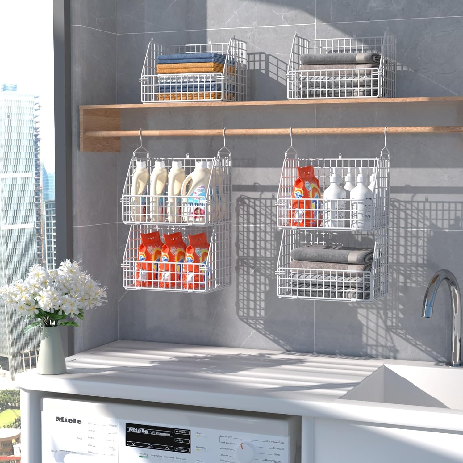 Hanging Closet Organizer and Storage, Clothes Hanging Shelves Wire Baskets for Clothing Sweaters Purse Handbags Shoes White 3 Tier