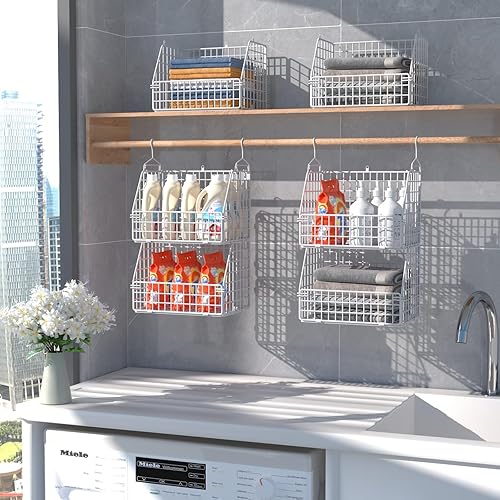 Miniatura 5 de Organizador y almacenamiento de armario colgante, estantes colgantes de ropa, cestas de alambre para ropa, suéteres, bolsos, zapatos, blanco, 5