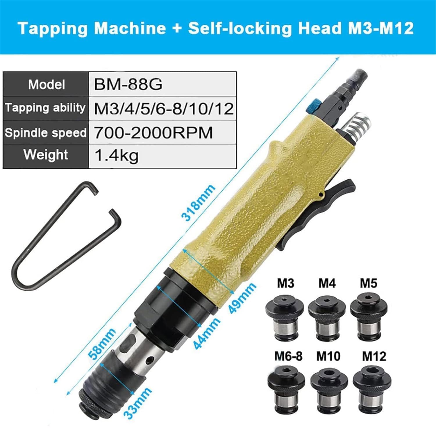 Maschiatrice Pneumatica Portatile, Punta Da Trapano Pneumatica Reversibile Con 6 Mandrini Autobloccanti, Trapano a Pistola Ad Aria Compressa Da 1/4" 700-2000 Giri/min. Velocità Regolabile