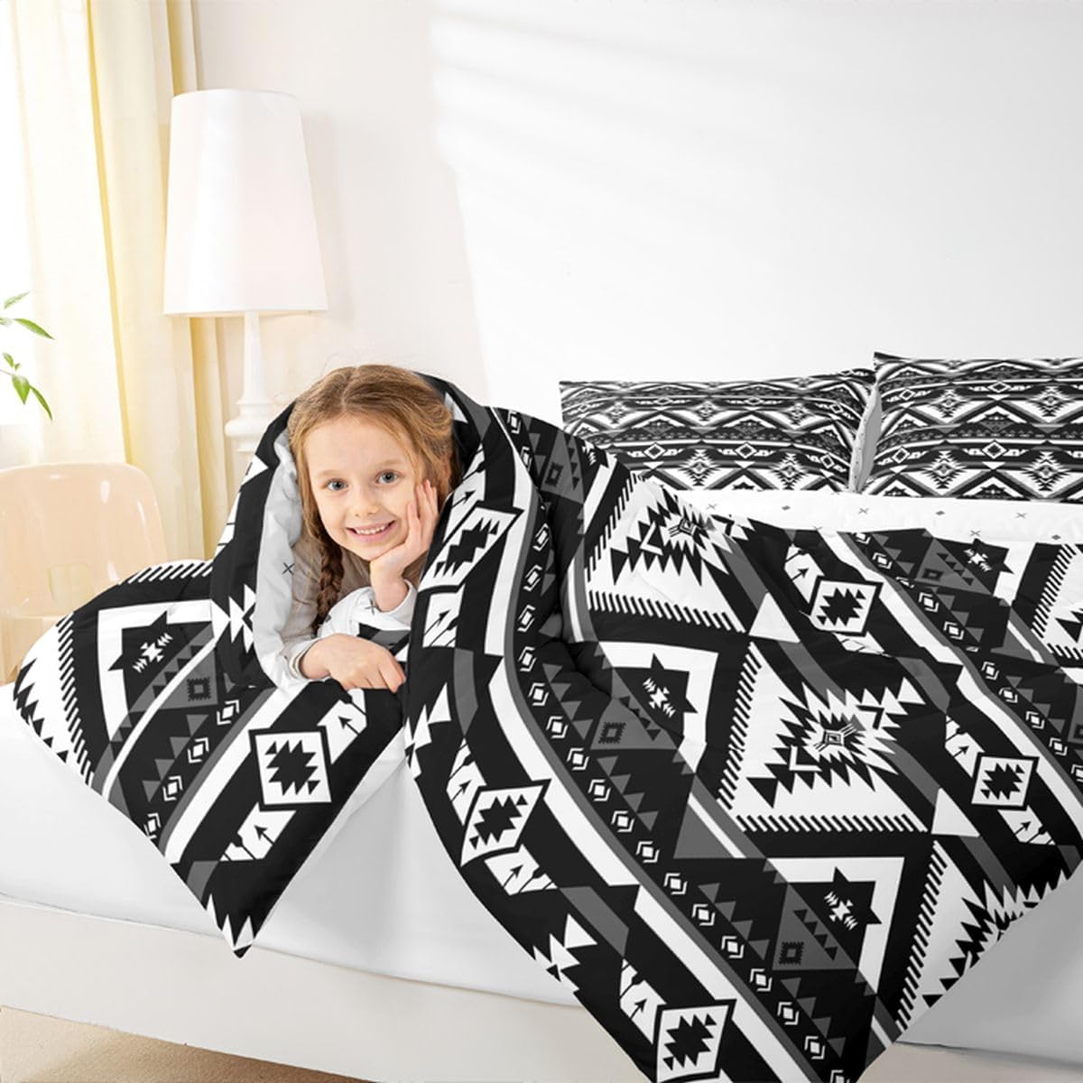 Feelyou Western Comforter Set All Season Southwestern Aztec Bedding Set with 2 Pillow Cases Geometric VintageKids Queen Bedclothes Boho Tribal Bedroom Decor Black and White Duvet Quilt