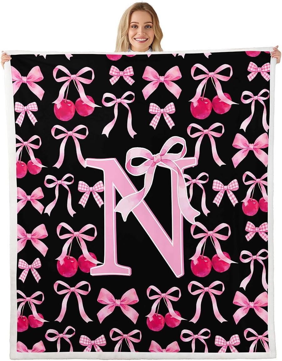 Kids Coquette Pink Black Bow Fleece Throw Blanket Baby 30"x40" Personalized Initial N for Bed Couch Chair Living Room for Boys Girls Teens Bowknot Sherpa Blanket Plush Fuzzy Microfiber Princess