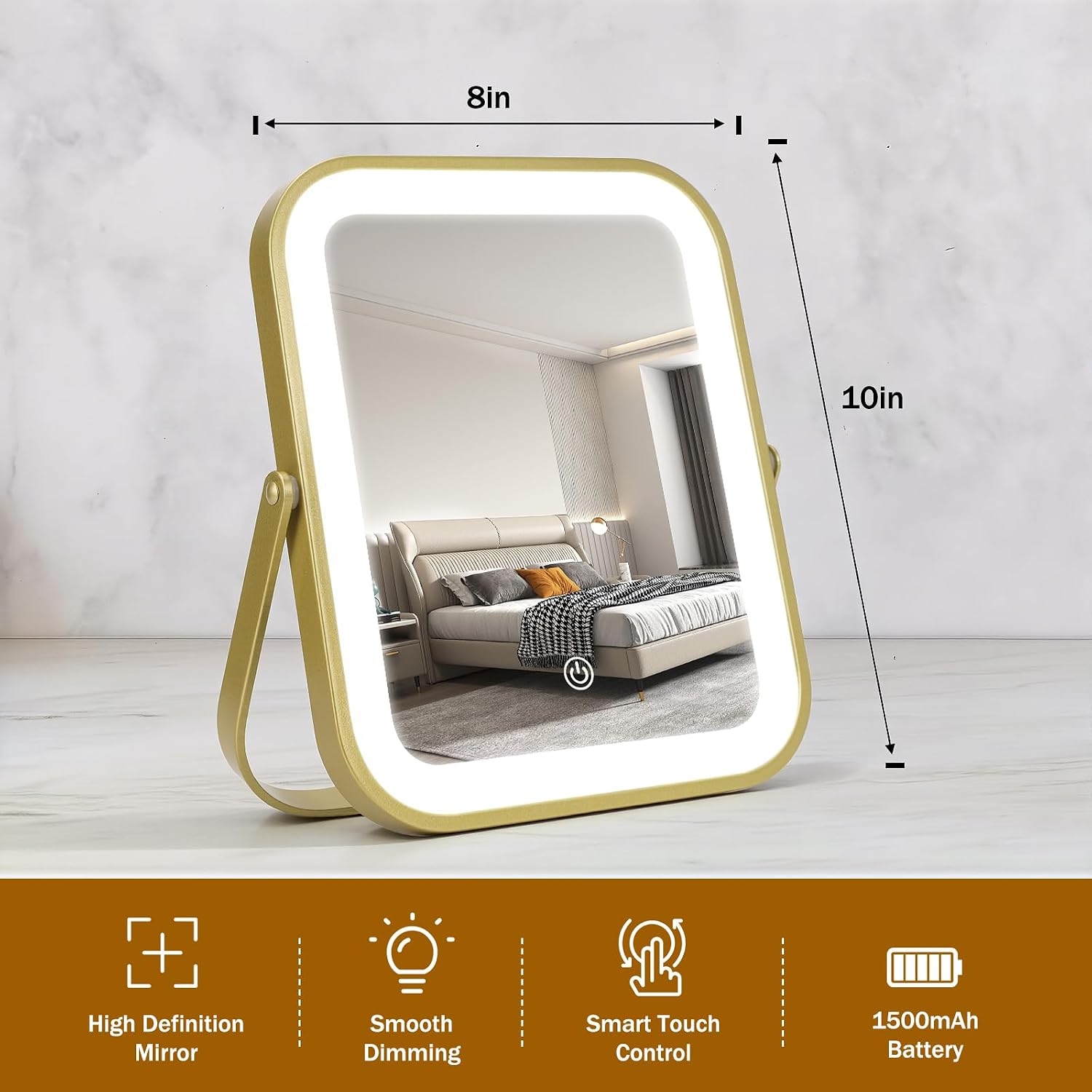 Rechargeable Vanity Mirror with Lights, 10"×8" Makeup Mirror with Lights, 1500mAH Battery, Smart Touch with 3-Color Lighting, Dimmable, HD Desk Mirror, Travel Essentials, Women Gift (Gold) thumbnail