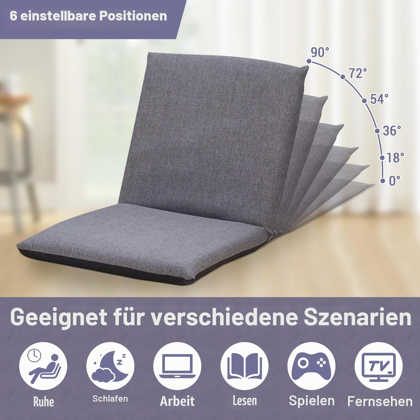 Garvee Bodenstuhl mit Rückenlehne Faltbarer, 6-stufiger Verstellbarer Baumwoll-Polster-Sessel für Wohnzimmer & Terrasse (83×41×17.5 cm), Grau