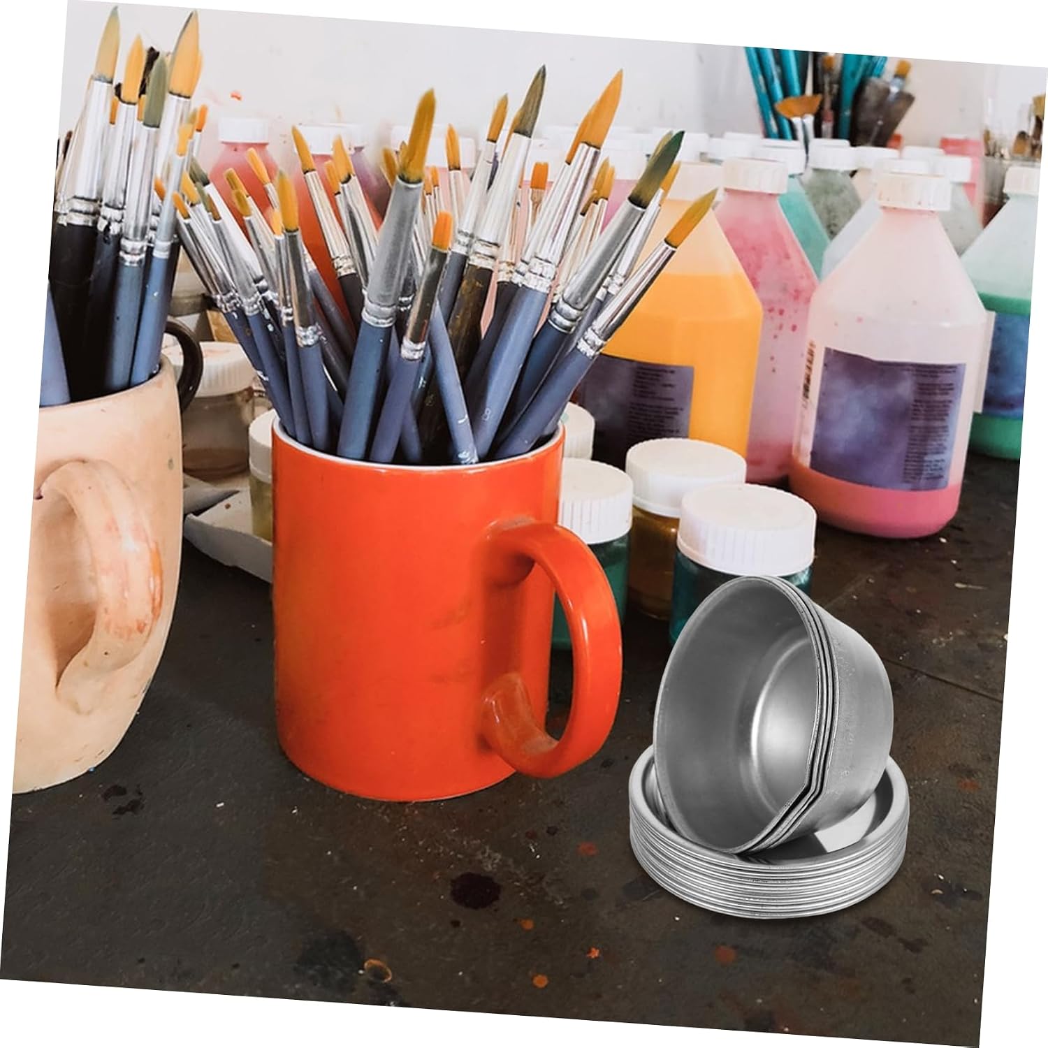 1set Round Iron Mixing Palette with Spout Watercolor and Makeup Tray for Artists and Model Painting for Precise Color Mixing and Creative Projects