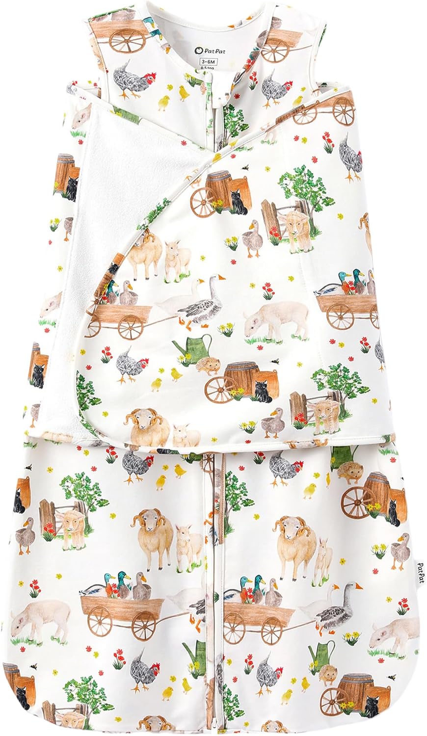 PATPAT Cotton Swaddle for Newborns, Soft Baby Wearable Blanket, Quiet Hook & Loop Closure, Easy Transition Design, 2-Way Zipper for Easy Diaper Changes, 0.5 TOG, Farm Animal Print, 3-6 Months