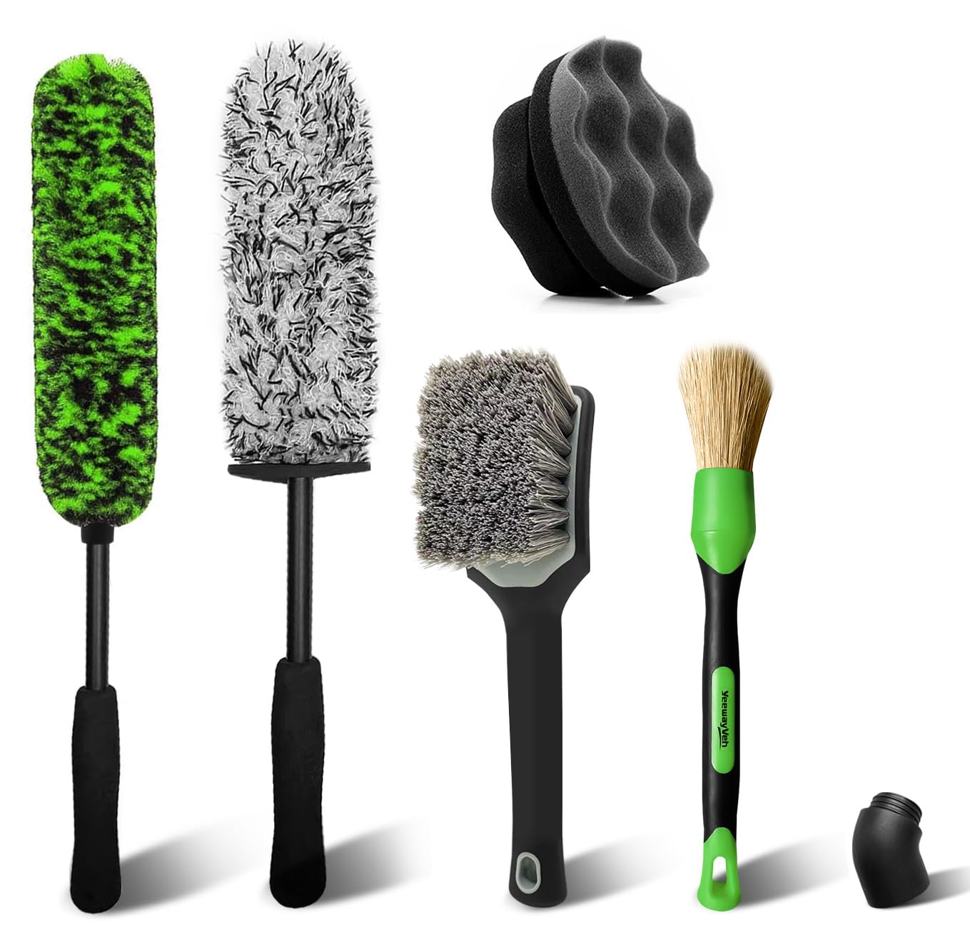 YeewayVeh Car Wheel Brush Kit, 5 Pack Soft & Scratch-Free Wheel Rim Deep Cleanning Brush, Tire Dressing Applicator and Detail Brush for Car Motorcycle Tyre Rim Fenders Exhaust Tips Car Wash Kit, Green