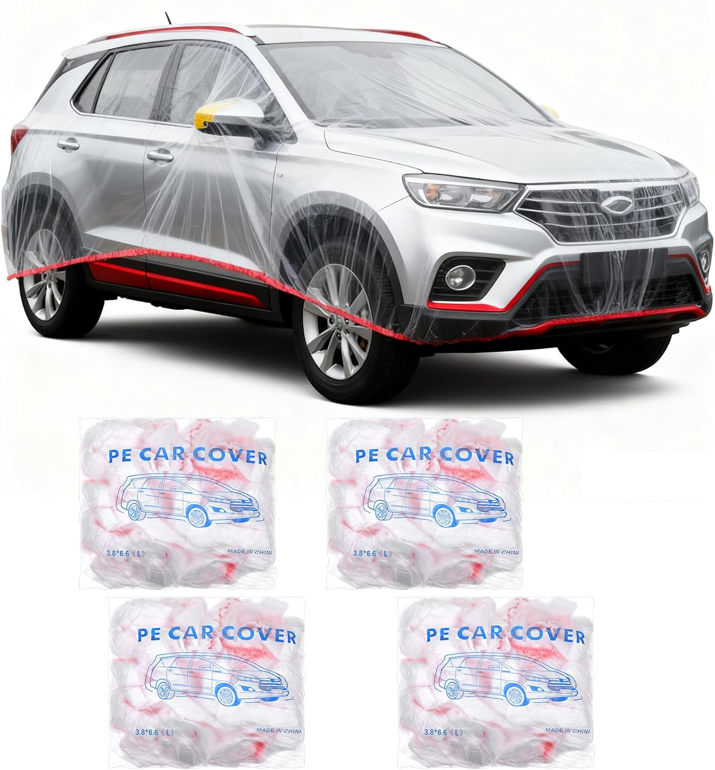 4 Packs Disposable Car Covers Clear Plastic Car Cover Universal Rain Dust Garage Cover with Elastic Band Medium (21.6 Ft X 12.4 Ft)