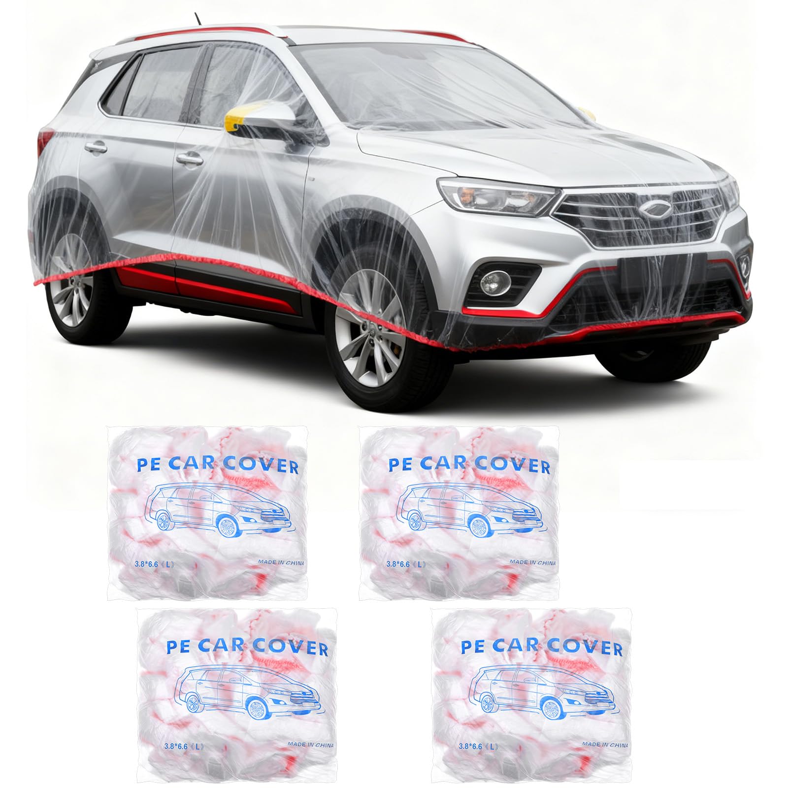 4 Pack Disposable Car Cover Clear Plastic Car Cover Universal Rain Dust Garage Covers with Elastic Band Medium