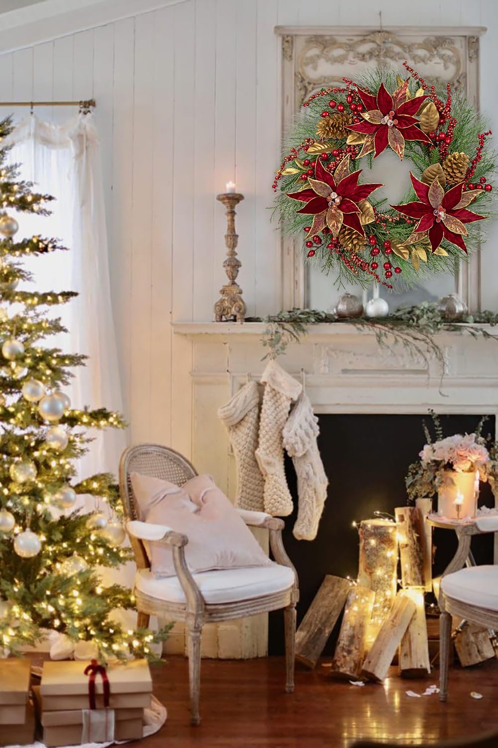 Arbrous - Corona de Navidad para puerta delantera, coronas de Navidad de 24 pulgadas, corona de Navidad con flores rojas de pascua, conos de pino, bayas, hojas de magnolia, coronas de invierno para