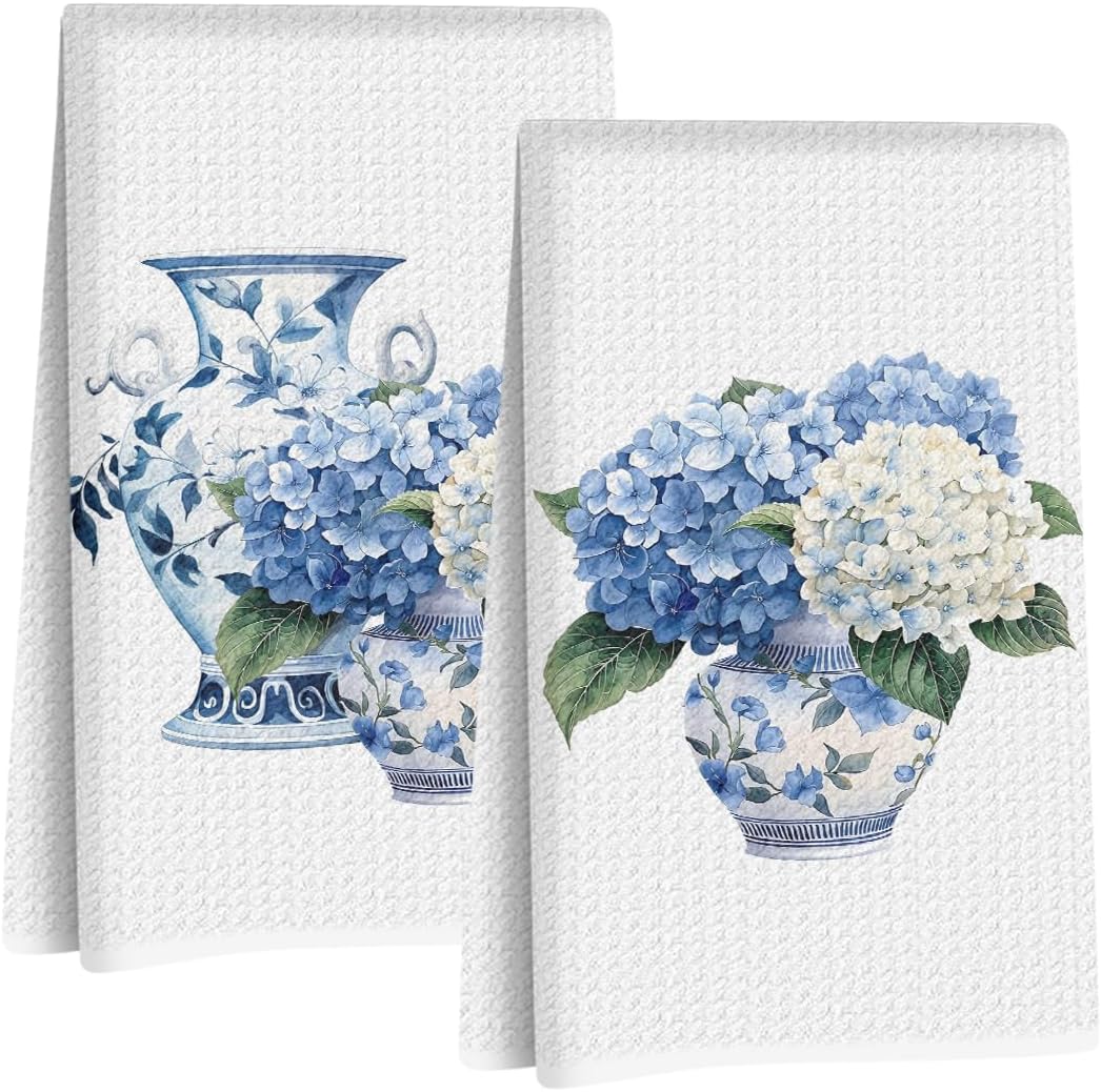 2Pcs Blue and White Porcelain Chinoiserie Kitchen Towels 24x14 Inch, Hydrangea Floral Dish Towels Tea Towels for Kitchen Bathroom Decor, Absorbent Microfiber Dish Cloth, Grand Millenial Decor