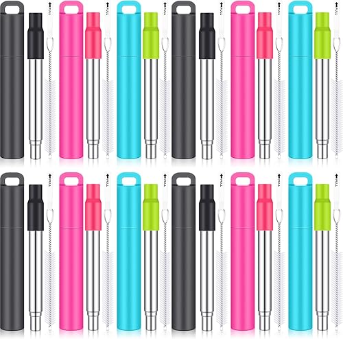 Gejoy Paquete de 12 pajitas de metal reutilizables plegables de acero inoxidable con estuche de plástico, punta de silicona y cepillo de limpieza,