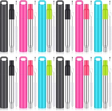 Gejoy 12 Pack Metal Reusable Straw Travel with Case Collapsible Foldable Portable Retractable Drinking Straw Stainless Steel Silicone Tip and Cleaning Brush Long for Cruise Ship Gift