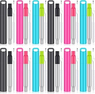 Gejoy 12 Pack Metal Reusable Straw Travel with Case Portable Drinking Straw Collapsible Foldable Stainless Steel Silicone Tip and Cleaning Brush Long Telescopic
