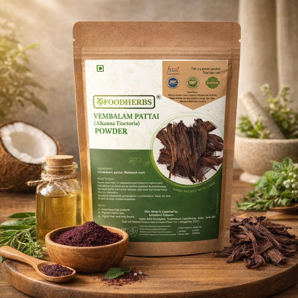 Foodherbs Alkanet Root Powder (Ratan Jot/Ratanjyot/Vembalampattai) 100g | Natural Colorant for Hair Oil Infusion, Lip Care & Traditional Use-image-0