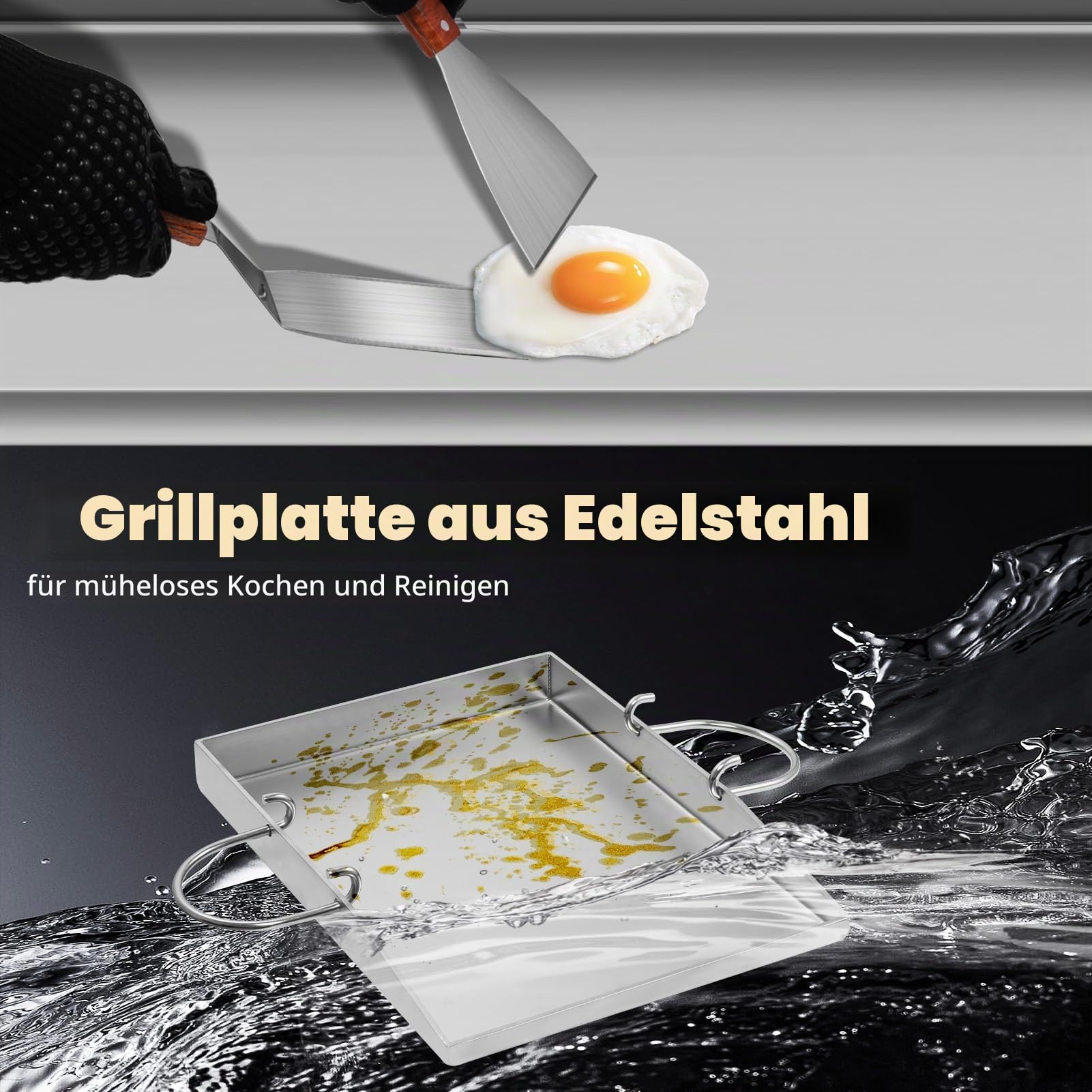 Plancha Grillplatte - 40 x 30 cm Universal Edelstahl Grillplatte für Gasgrill & Kohlegrill - Gleichmäßige Hitzeverteilung- Grill Platte mit 2 Grillspachtel & Handschuhe