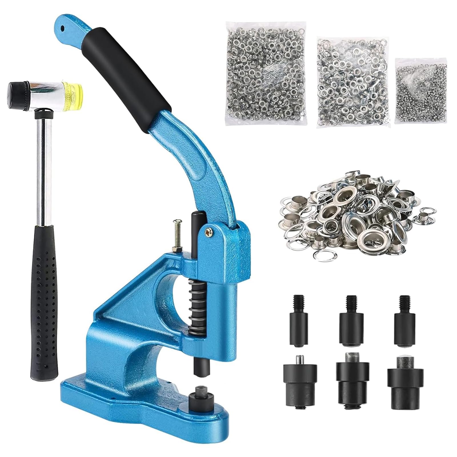 BOOMSTART Kit de perforación de ojales, máquina de ojales de 6, 10 y 12 mm, máquina de ojales de presión manual resistente con juego de perforadores y 1500 ojales plateados para lonas, cortinas