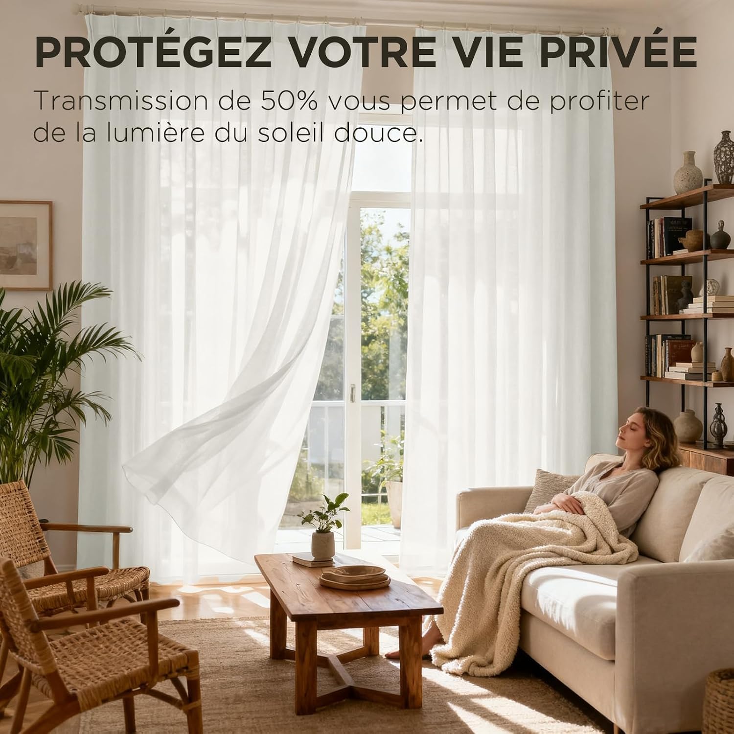 Joydeco Lot de 2 Rideaux Voilages Ivoire 140x245 cm pour Rail Plafond, Voilage Semi-Transparent Effet Lin avec Galon Fronceur pour Décoration Interieure et Filtrage de Lumière (sans Crochets)