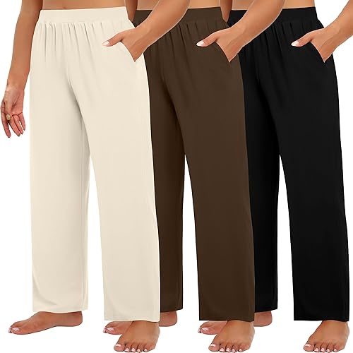 Huukeay 3 Pack Women's Plus Size Pants, High Waisted Wide Leg Pants Casual Pajamas Pants Loose Yoga Sweatpants with Pockets