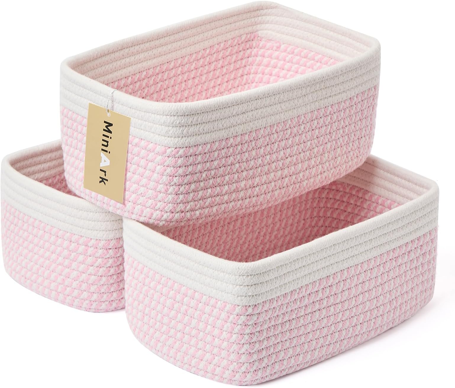 MiniArk Small Storage Baskets for Organizing | Closet Organizer Bins | Shelf Toy Basket | Woven Rope Baskets | Cube Decorative Box | Shallow Basket | 11.5x7.5x4.7” | 3 Packs White Pink