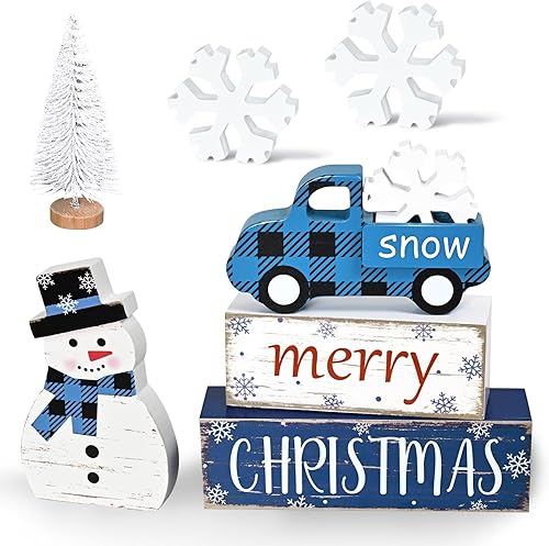Miniatura 7 de Yinhua - Adornos Navideños para Interiores, Decoración de Mesa Navideña, Adornos de Muñeco de Nieve de Camión Azul con Árbol de Navidad y Copos de