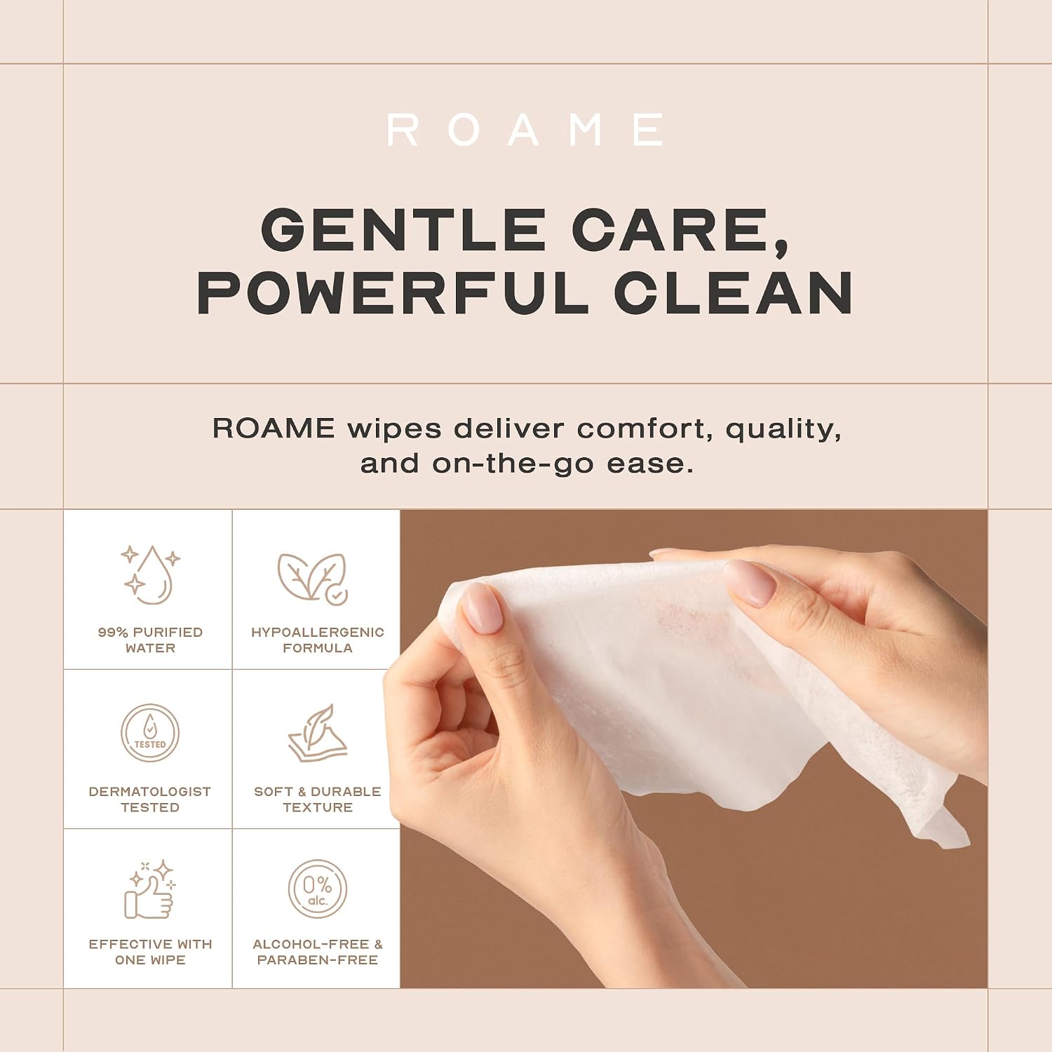 ROAME Flushable Wipes, Toilet & Septic Safe Flushable Wet Wipes for Adults, Hypoallergenic, Unscented, 99% Purified Water with Witch Hazel & Aloe Vera, Multipurpose For Face, Hands, Body, 30 Packets