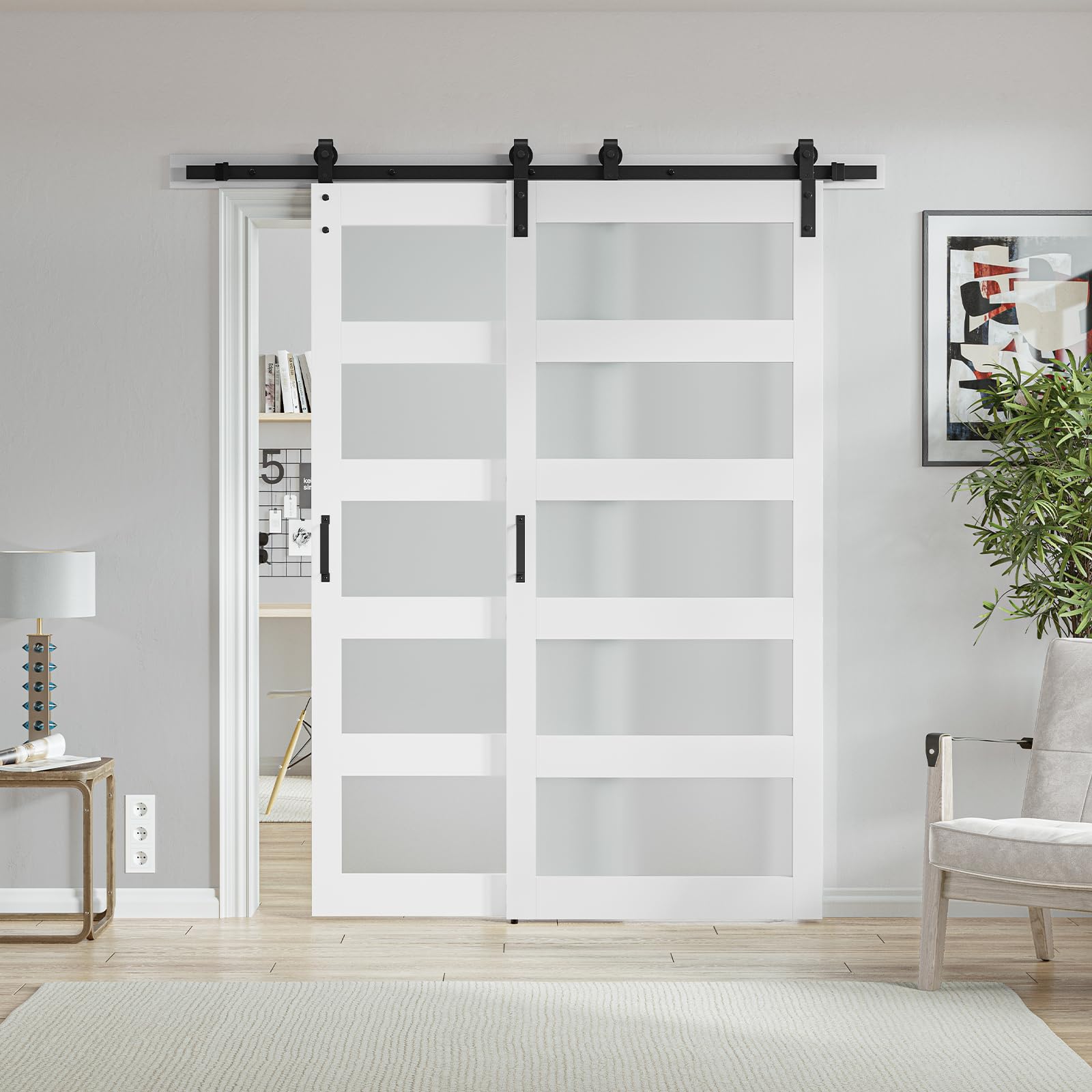 76''×84'' 5 Glass Bypass Manufactured Wood Barn Door with Installation Hardware Kit