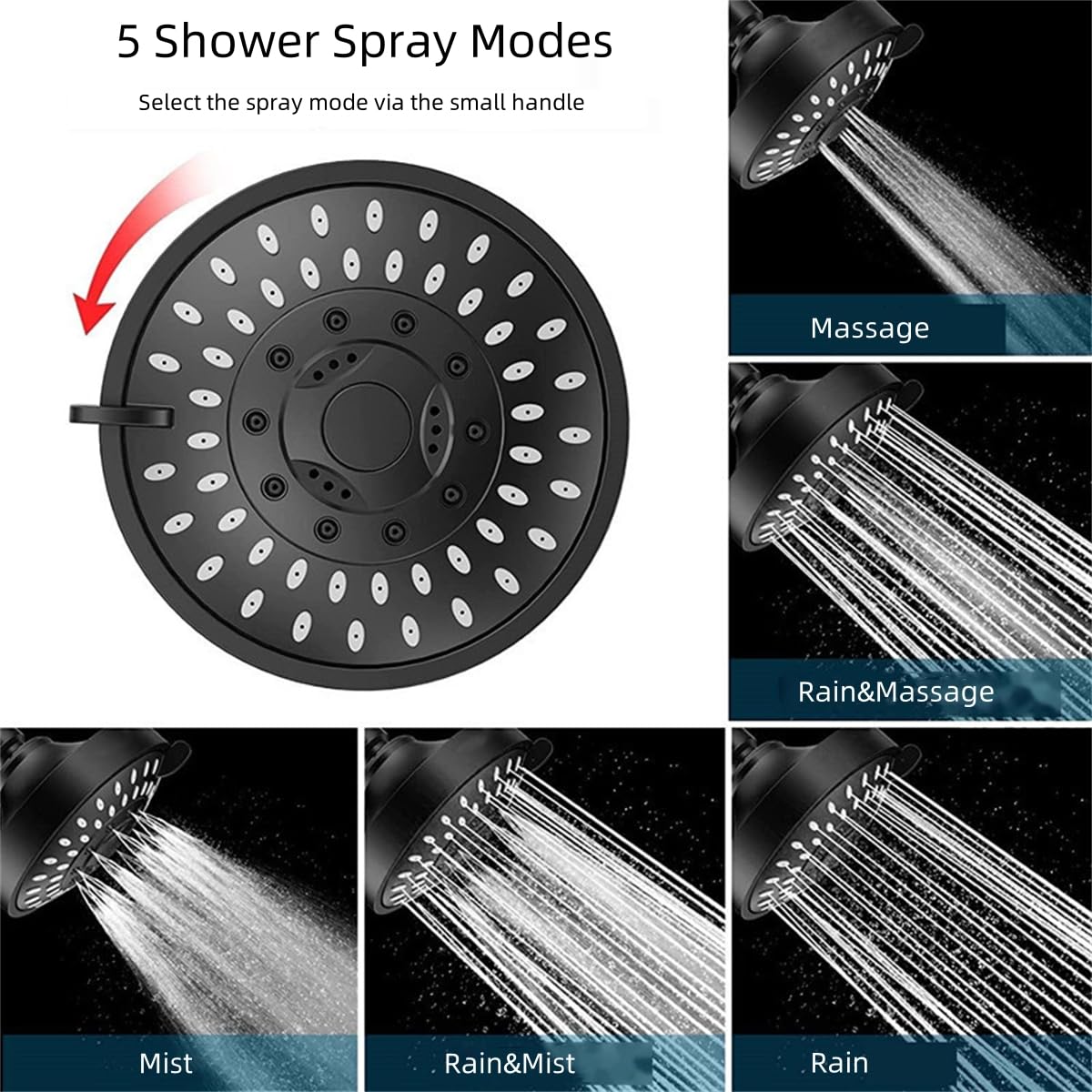 Michear Rainfall Shower Head High Pressure Fixed Shower Head 5-Setting with Adjustable Metal Swivel Ball Joint Chrome Rain Setting Shower Heads Replacement Shower Head Universal G1/2 Fitting (Black) - Image 3