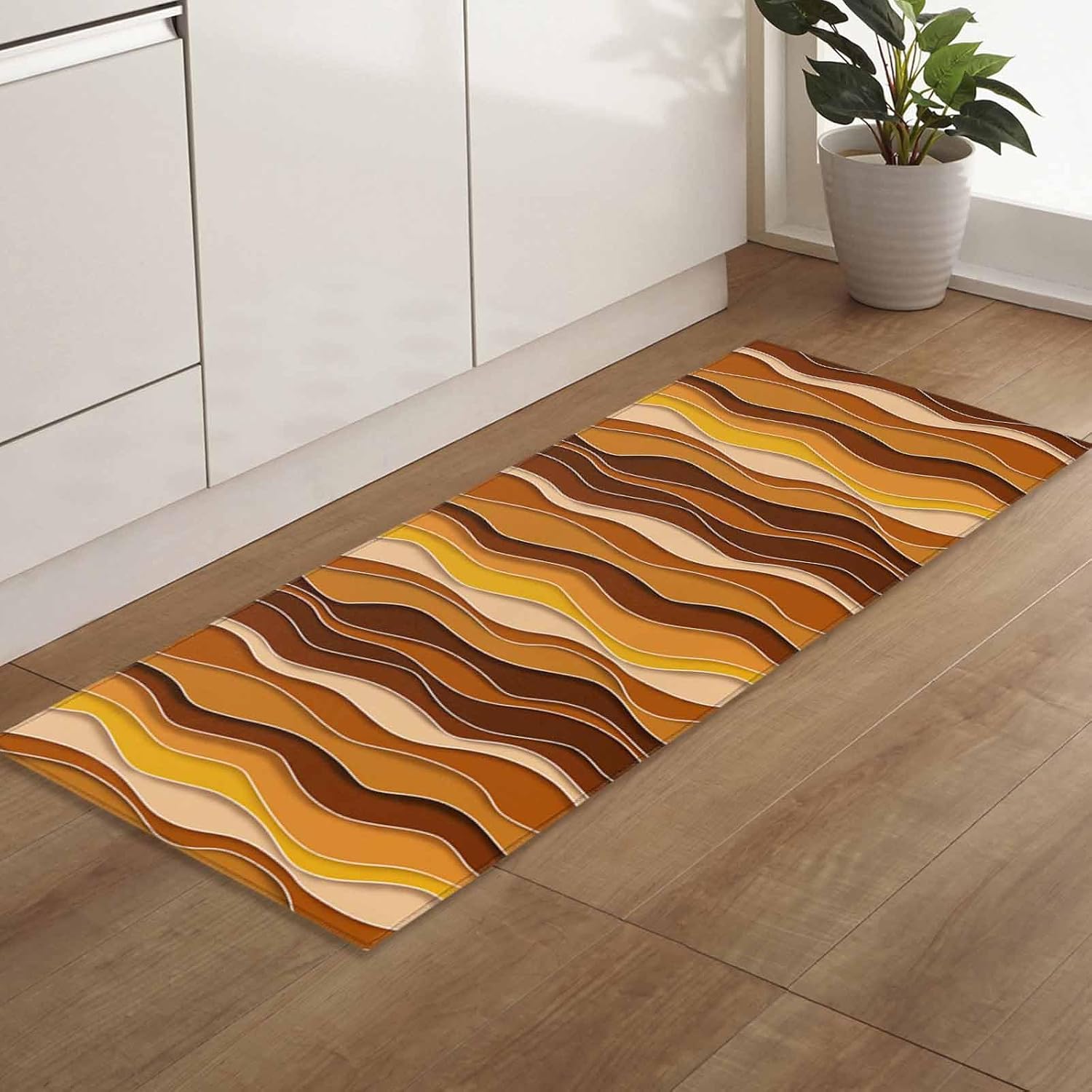 2 Pieces Kitchen Rugs and Mats,Modern Orange Gradient Ocean Waves Area Runner Rug Set Non Slip Floor Doormat Washable Carpet Standing Mat for Kitchen Sink Indoor Corridor,Farmhouse Abstract Lines