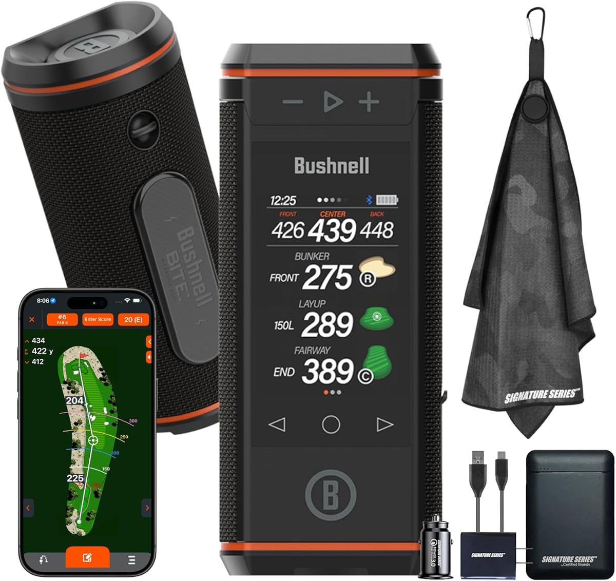 Bushnell Golf Wingman HD GPS Speaker with Color Touchscreen, Audible and Visual Front/Center/Back with Powerful 360 Degree Audio, Hazard Distances. Full Hole View and Signature Series Power Bundle
