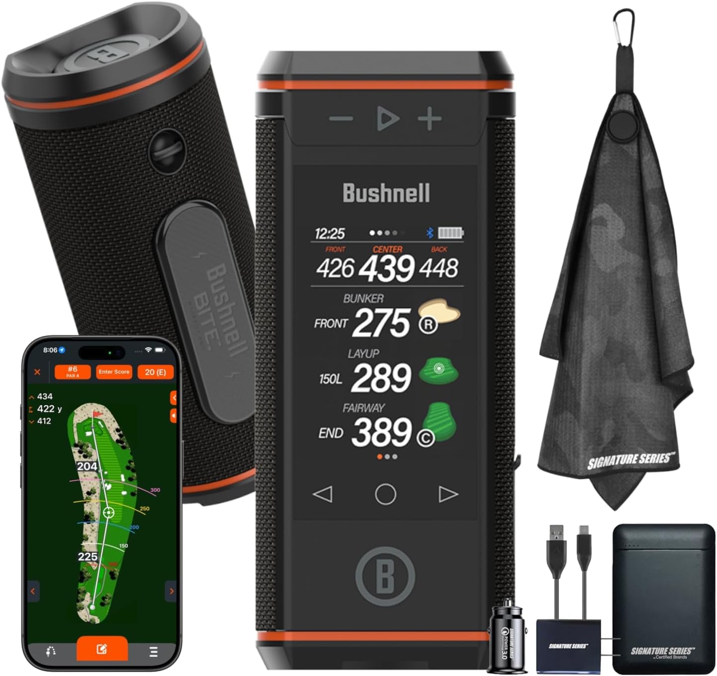 Bushnell Golf Wingman HD GPS Speaker with Color Touchscreen, Audible and Visual Front/Center/Back with Powerful 360 Degree Audio, Hazard Distances. Full Hole View and Signature Series Power Bundle