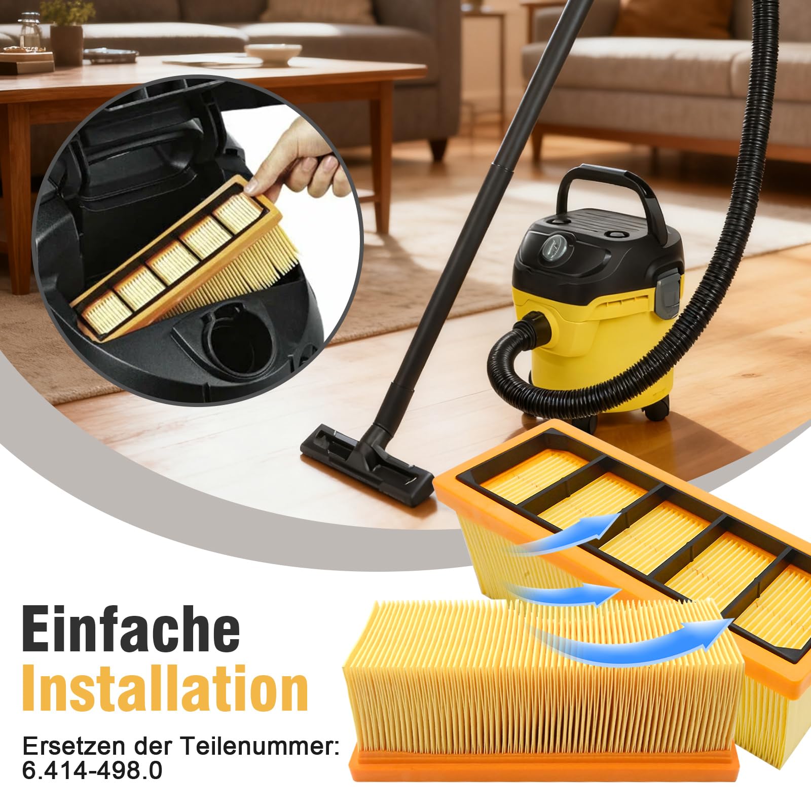 Hoypeyfiy 3er-Pack 6.414-498.0 Flacher Faltenfilter, Ersatz für Kärcher 2501, Ersatz für Kärcher 2501 TE, Ersatz für Kärcher 2601, Ersatz für Kärcher 2601 plus