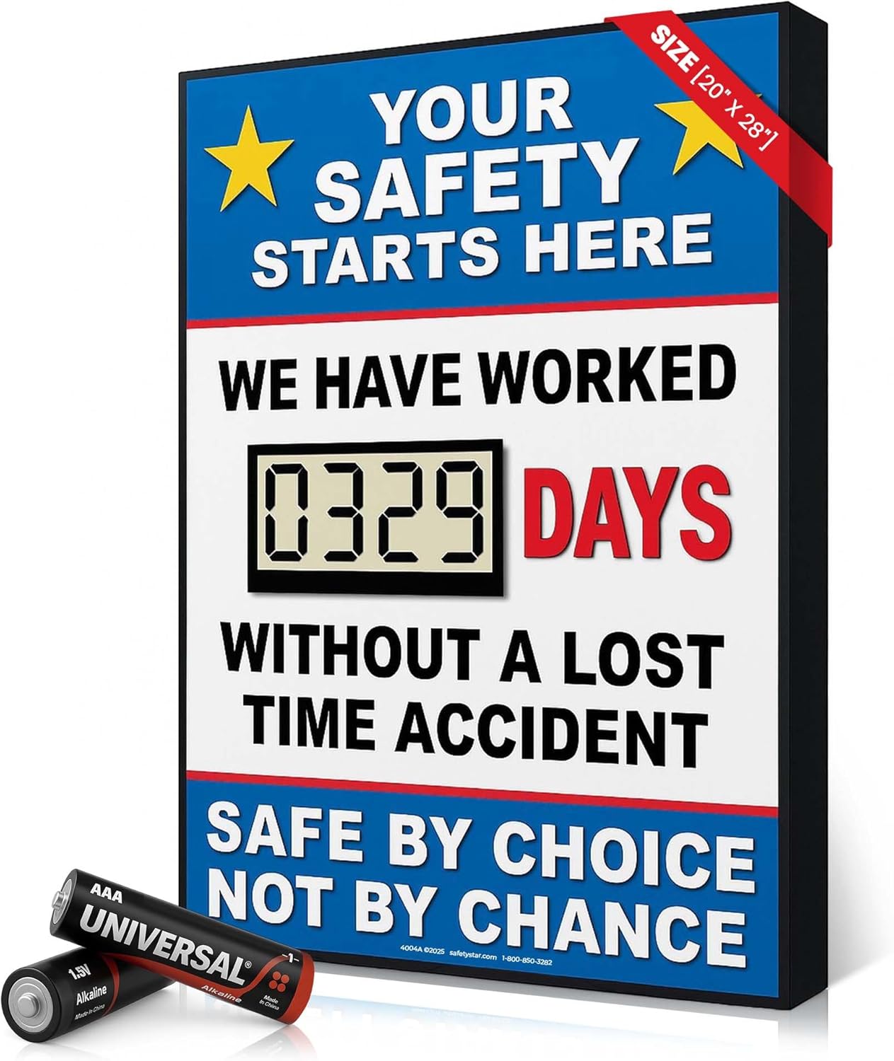 Battery Operated Safety Digital Scoreboard 20" × 28" | Full Size Indoor LCD Scoreboard with Auto Day Counter | No Power Cord Needed | Track Days Without Accident Sign for Workplace Safety