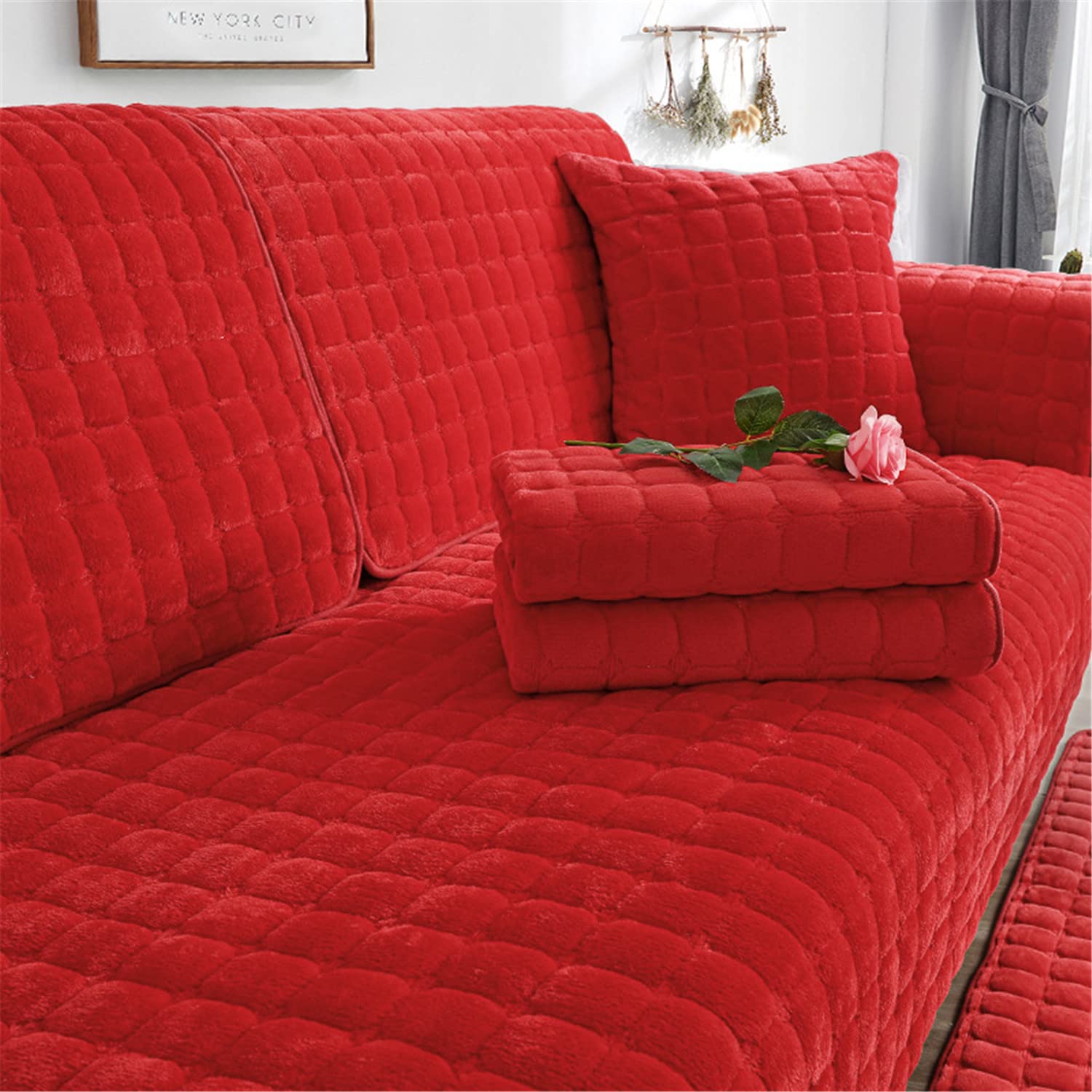 Sofa Cover Thick Plush Sofa Slipcovers Quilted Sofa Seat Cushion Couch Covers Non-slip Sofa Protectors From Pets Winter (Red,90 × 160 cm)