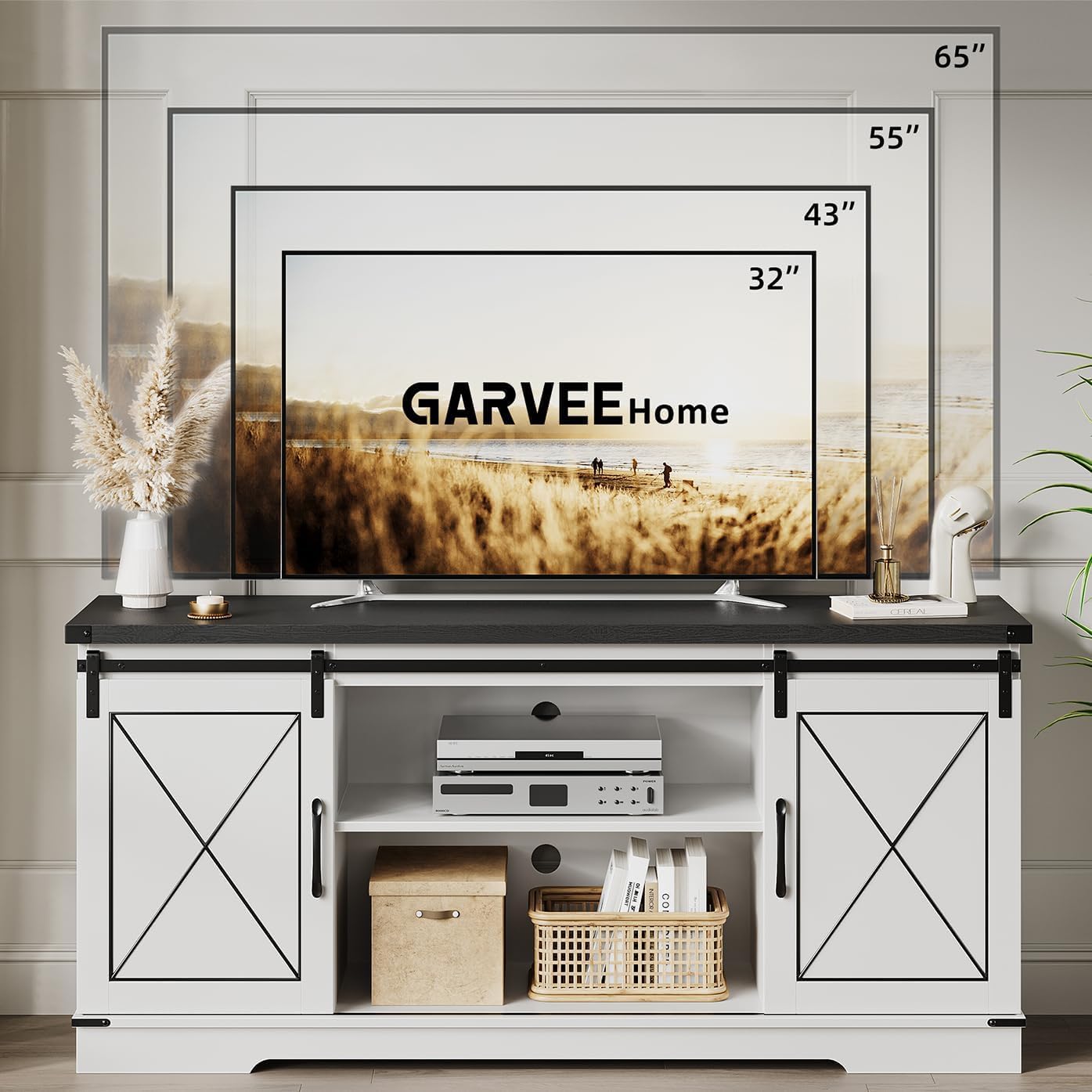 59" Farmhouse TV Stand for Televisions Up to 65 Inches, Entertainment Center with Sliding Barn Doors & Adjustable Shelf, TV Media Console Table with Storage Cabinet for Living Room, Dining Room, White