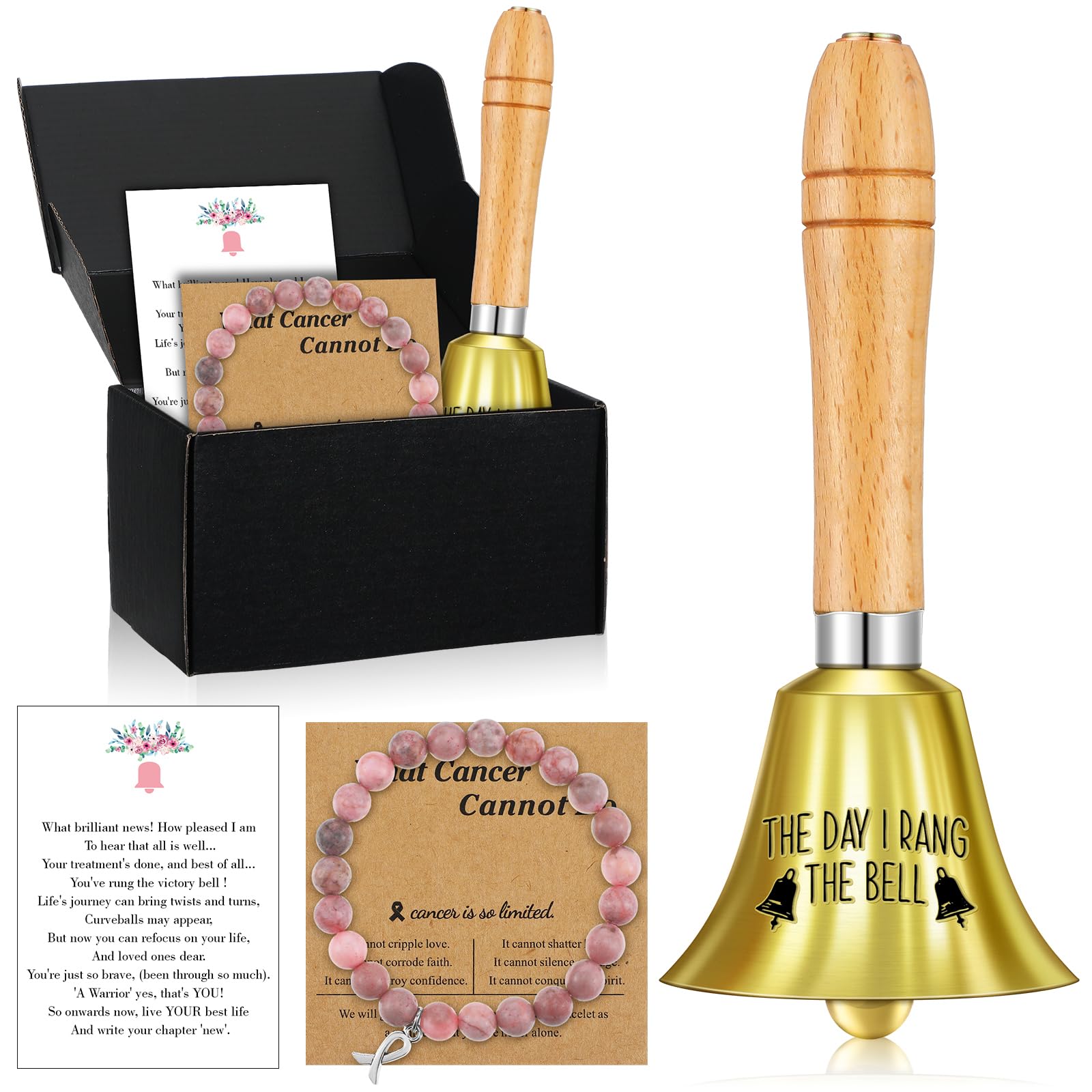 Canchiing 4 Pcs Breast Cancer Bell Ringing Gift for Women Include the Day I Rang the Bell Bracelet Card Box End of Chemo Last Day of Chemo Treatment Ornament Cancer Survivor Recovery Gifts(Classic)