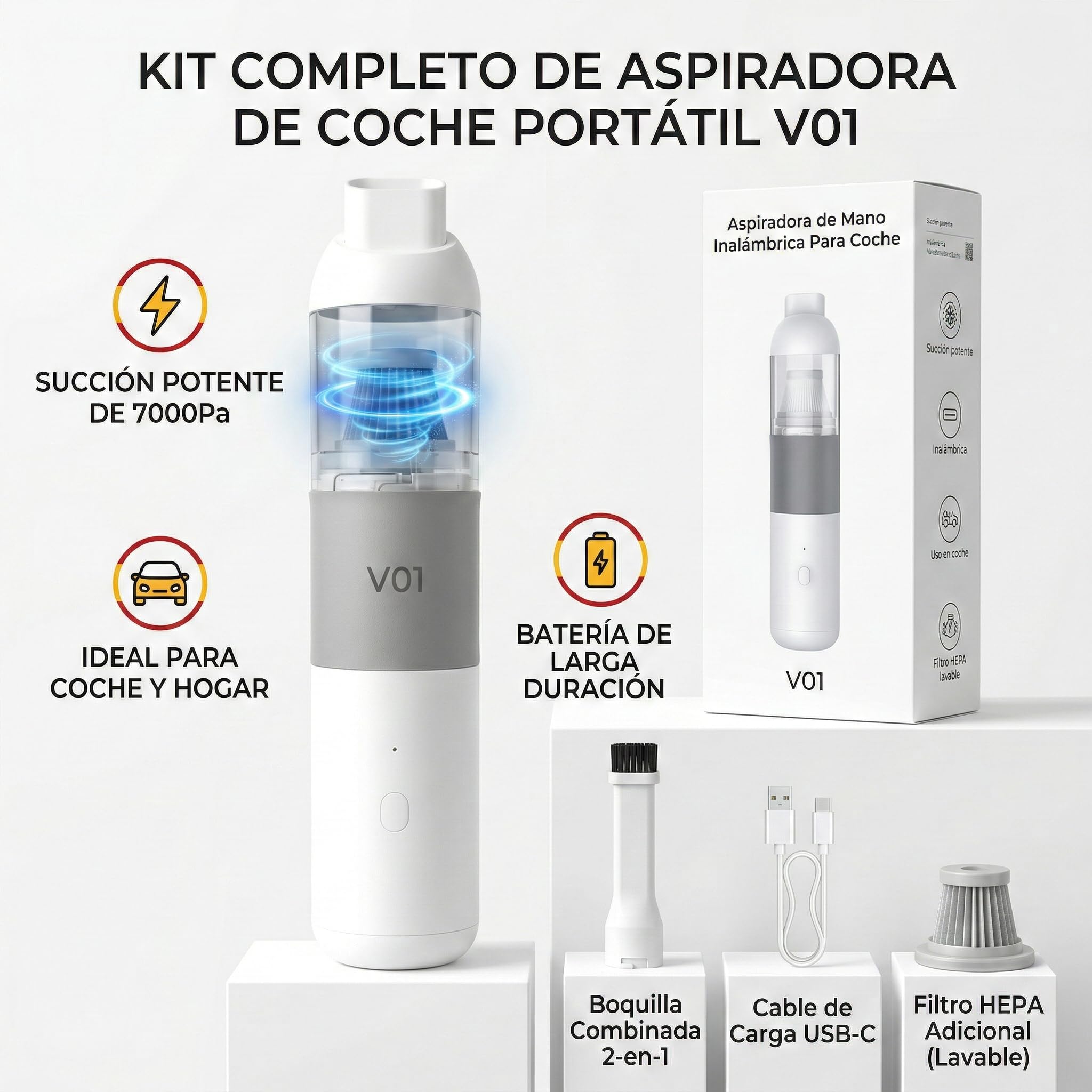 Genérico Aspiradora Sin Cable Coche 15000Pa, Aspirador 2 en 1 con Soplador para Coche y Hogar, Mini Aspiradora de Mano Potente con 2 Baterías Recargables y Kit Accesorios