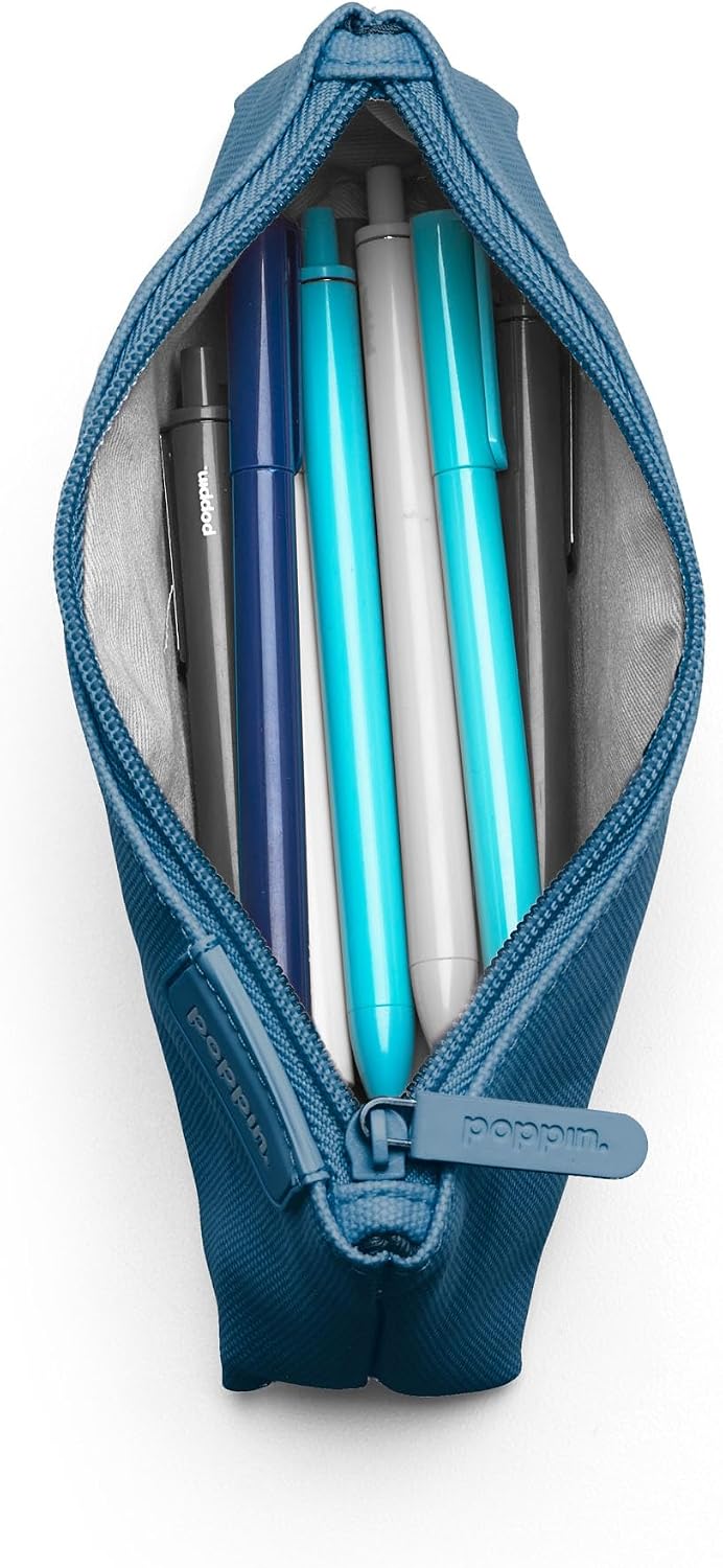 Poppin Pencil Case, Large Capacity Pencil Pouch with Zipper Closure, Sturdy Canvas with Contrast Lining (Slate Blue, Small)