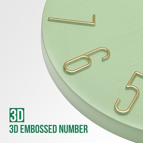 Miniatura 6 de Reloj de pared de 12 pulgadas, silencioso, sin tictac, de madera de imitación, reloj redondo verde, decoración moderna, figuras 3D, relojes de pared