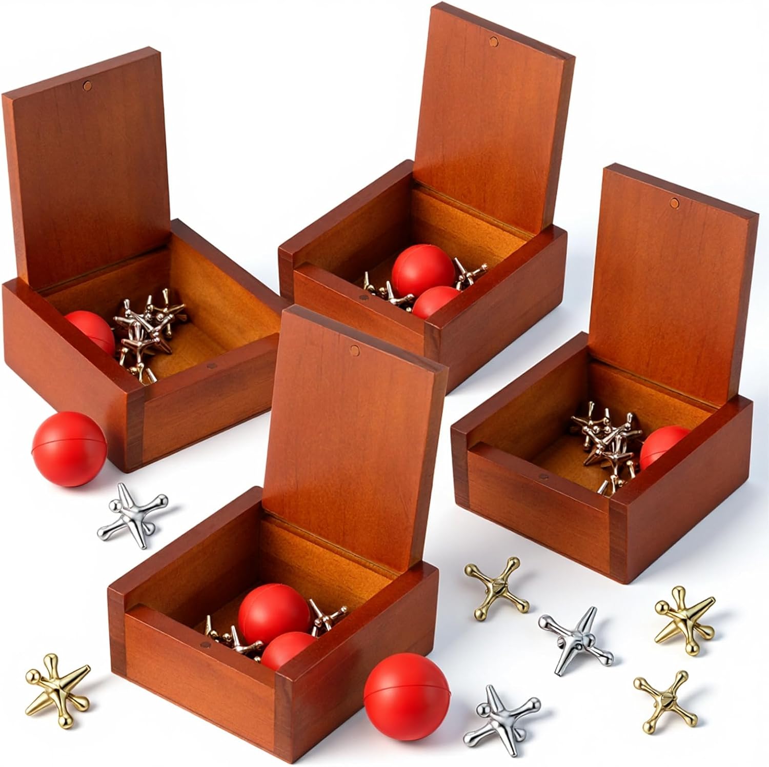 Hiboom 4 Pack Metal Jacks Game Set with Wooden Box – Vintage Jacks and Ball Game for Kids & Adults, Party Favors, Classroom Prizes, Goodie Bag Fillers, Retro Floor Games, Family Night Games Toy