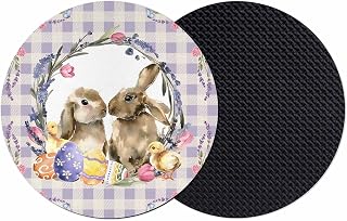 Coasters Set of 2, Easter Bunny Round Drink Coasters for Coffee Table Decor, Spring Easter Eggs Chick Floral Purple Check Absorbent Cup Coaster for Housewarming Gift/Home Décor, 4 Inches