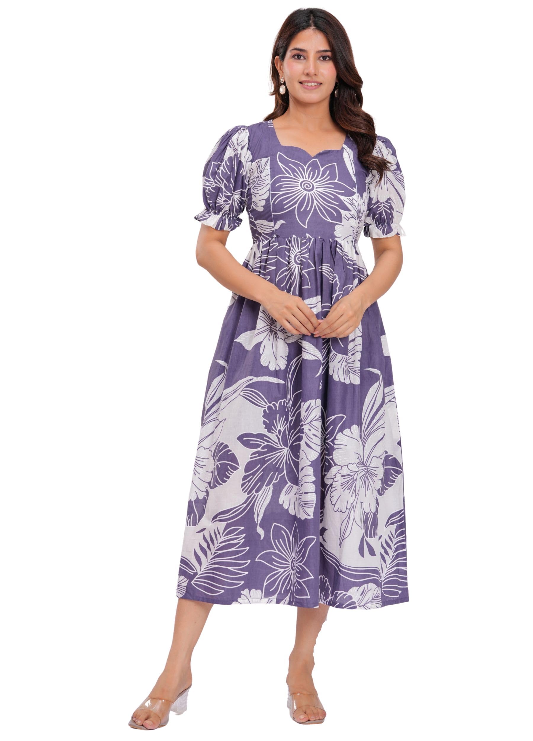 Women's Cotton Fabric Short Sleeves Floral Printed Long Anarkali Maternity Kurti-image-32